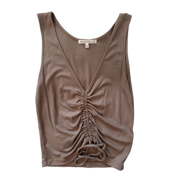 Antistar Women’s Ribbed Tank Top M Brown Ruched Drawstring V-Neck Stretchy Y2K - Picture 3 of 4